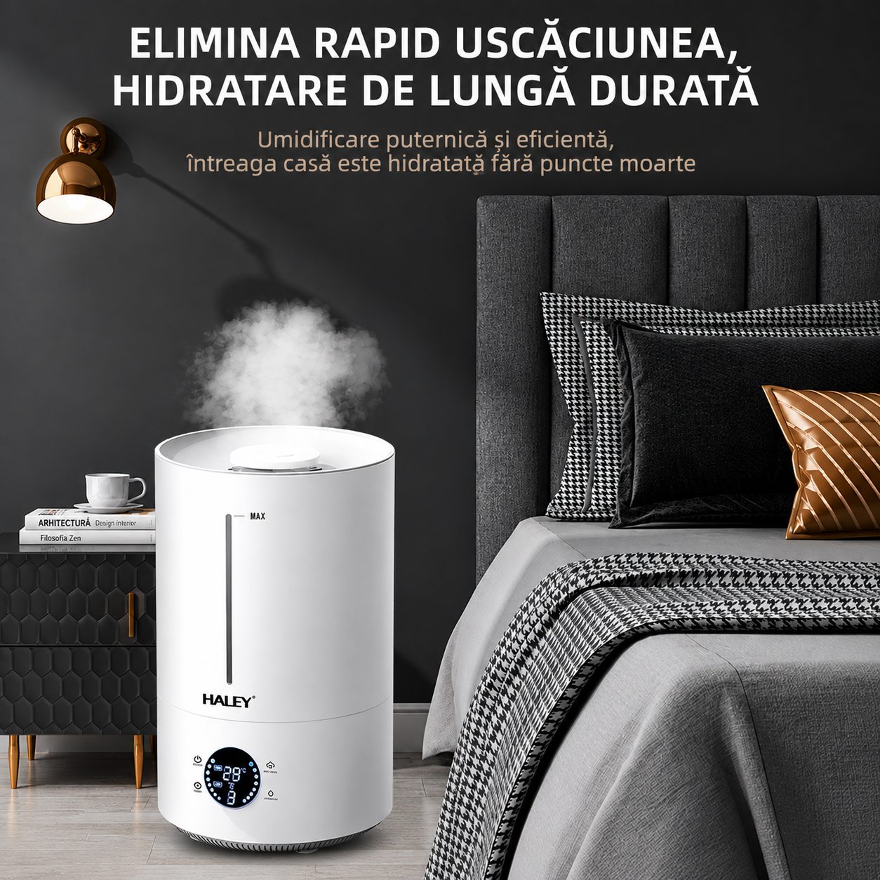 Umidificator de Aer HALEY HY-3101, Rezervor 5L, Umidificare 360°, Intensitate Reglabilă, Umplere de Sus, Panou Digital, 1000W, Alb
