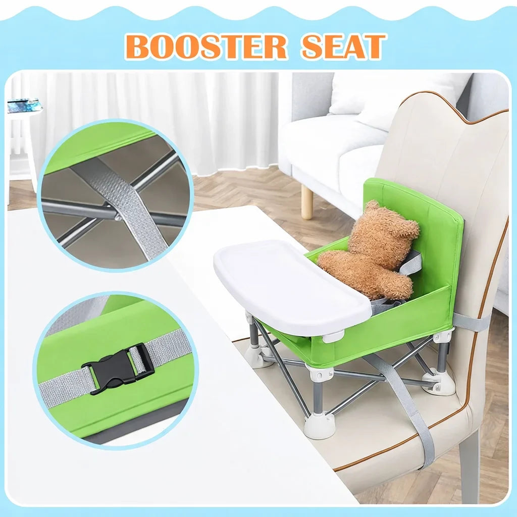 Scaun bebe, pliabil, compact, portabil, usor de depozitat, cu tava detasabila, pentru masa si joaca, cu spatiu de depozitare, ham de siguranta in 5 puncte