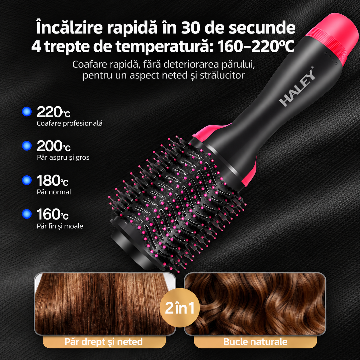 Perie Electrică cu Aer Cald HALEY HY-4032, 1000W, Încălzire Rapidă, Modelare de Lungă Durată, Hot Air Brush