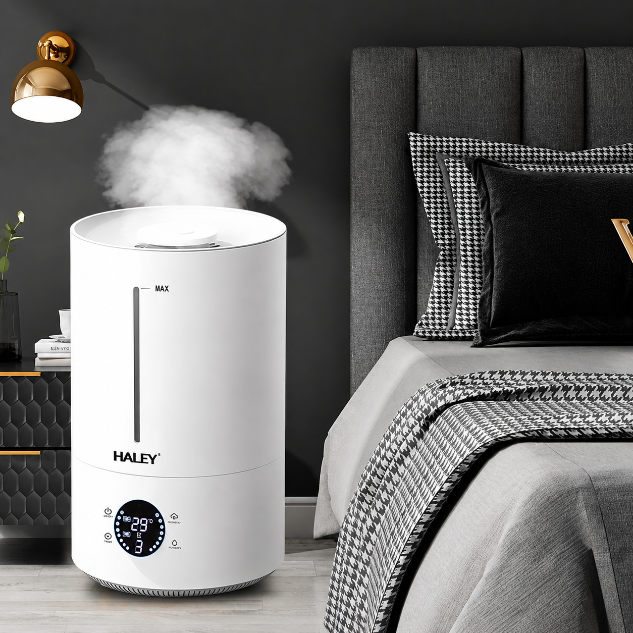 Umidificator de Aer HALEY HY-3101, Rezervor 5L, Umidificare 360°, Intensitate Reglabilă, Umplere de Sus, Panou Digital, 1000W, Alb