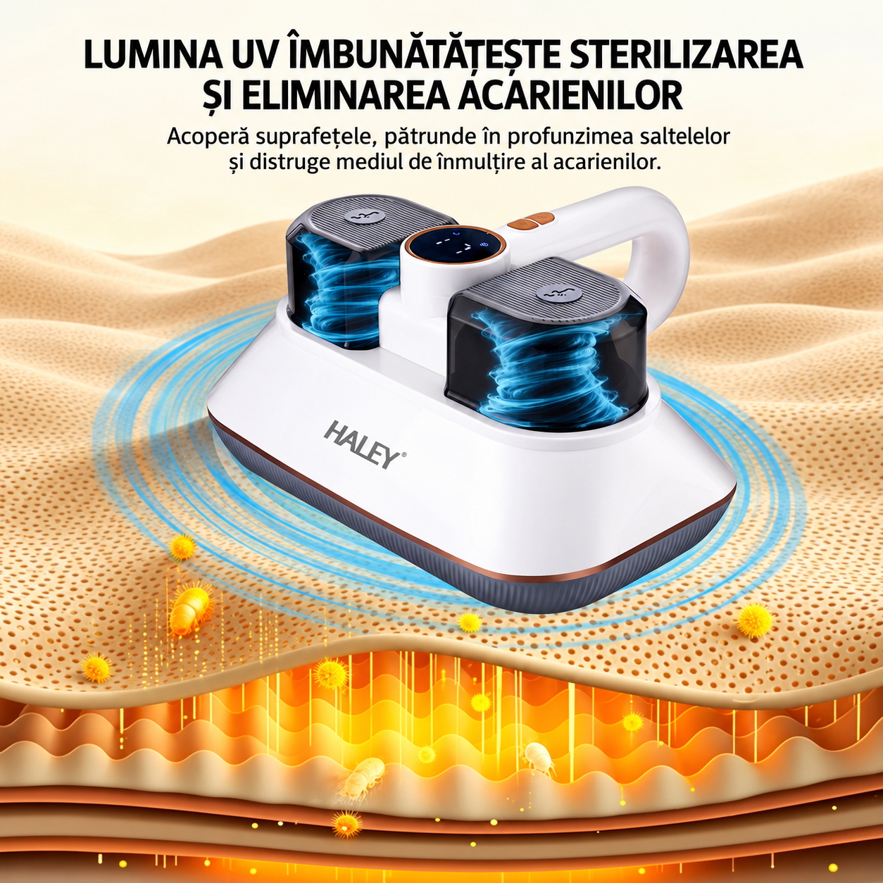 Aparat pentru Îndepărtarea Acarienilor și a Scamelor HALEY HY-1937, 500W, Putere de Aspirare 8500Pa, Sistem de Filtrare Multistrat, Funcție Antibacteriană, Display LED, Recipient 200 ml