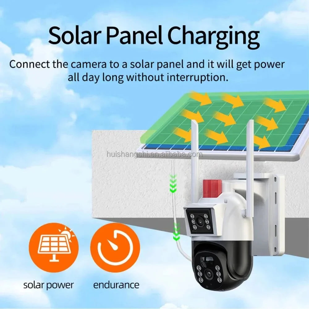 Cameră de Supraveghere Solară HNY 3MP 4G cu Panou Solar, Aplicația V380 Pro, Rotire PTZ, IP66, Card 64GB Inclus