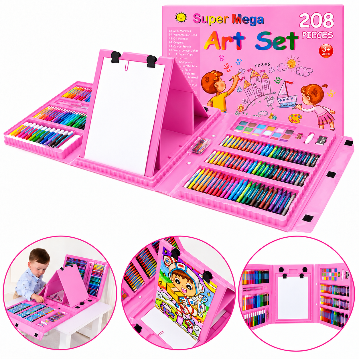Set de Desen și Pictură pentru Copii, 208 Piese, Carioci, Creioane Colorate, Acuarele și Pensule, în Valiză, Albastru și Roz