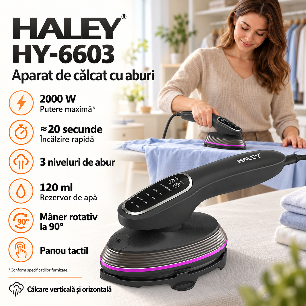 Aparat de Călcat Vertical și Orizontal cu Aburi HALEY® HY-6603, 2000W, Cap Rotativ la 90°, Panou de Control Tactil, Încălzire Rapidă în 20 Secunde, 3 Niveluri de Abur, Rezervor 120 ml, Funcție de Călcare Uscată (Copy)