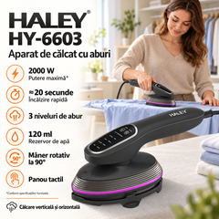 Aparat de Călcat Vertical și Orizontal cu Aburi HALEY® HY-6603, 2000W, Cap Rotativ la 90°, Panou de Control Tactil, Încălzire Rapidă în 20 Secunde, 3 Niveluri de Abur, Rezervor 120 ml, Funcție de Călcare Uscată (Copy)