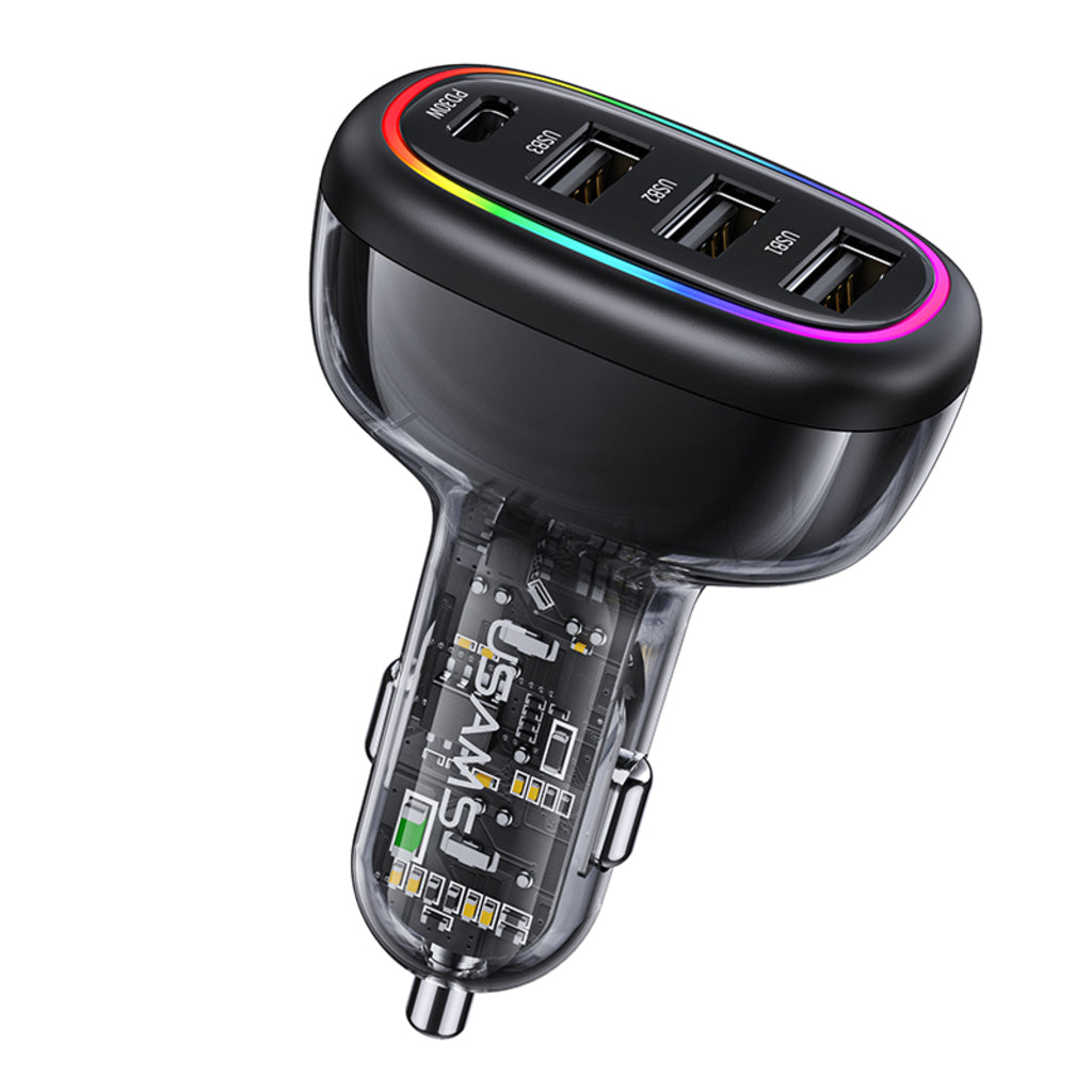 Încărcător auto rapid USAMS USB-C PD 30W + USB-A 18W, putere 48W, cu iluminare LED multicoloră, design transparent