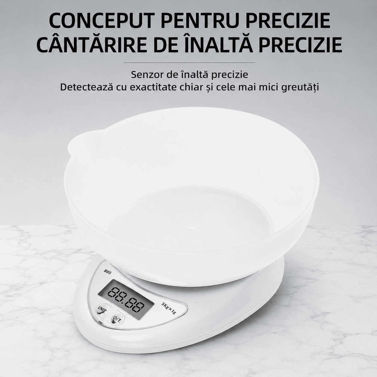 Cântar Electronic De Bucătărie Haley HY-5020, Capacitate 5 Kg, Precizie 1 g, Bol 600 ml, Ecran LCD, Funcție Tara