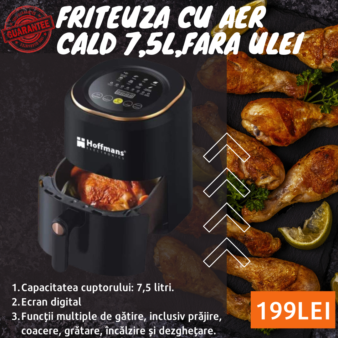 Friteuza cu Aer Cald Hoffman, Fara Ulei, 7,5L, 2400W, 9 functii