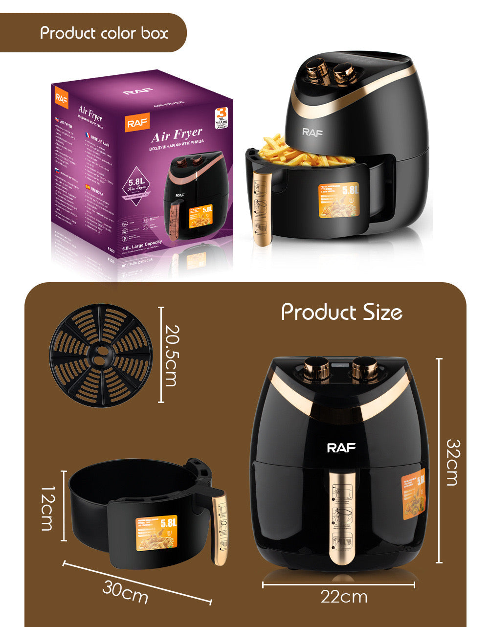 Friteuza electrica profesionala Air Fryer alb, AT PERFORMANCE®, RAF Air Fryer 5.8L 1500W Manual, Multi-Purpose, 360 Air Circulation R.5232 - Gatit sanatos si eficient pentru intreaga familie, negru