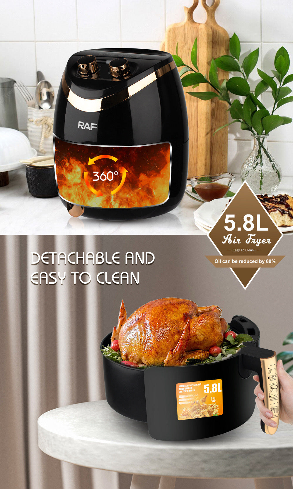 Friteuza electrica profesionala Air Fryer alb, AT PERFORMANCE®, RAF Air Fryer 5.8L 1500W Manual, Multi-Purpose, 360 Air Circulation R.5232 - Gatit sanatos si eficient pentru intreaga familie, negru