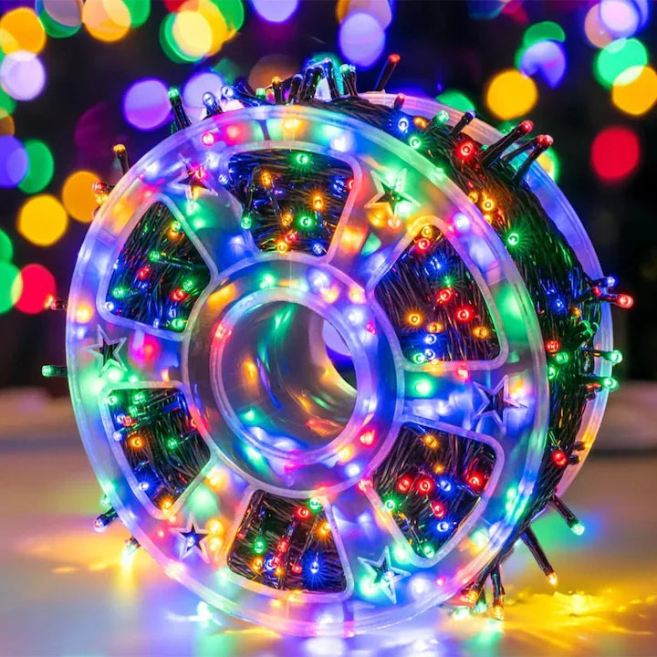 Set Decor Crăciun Premium – Brad Artificial 2.1m cu Zăpadă + Instalație Liniară 100m, 500 LED Multicolor, 8 Jocuri de Lumini