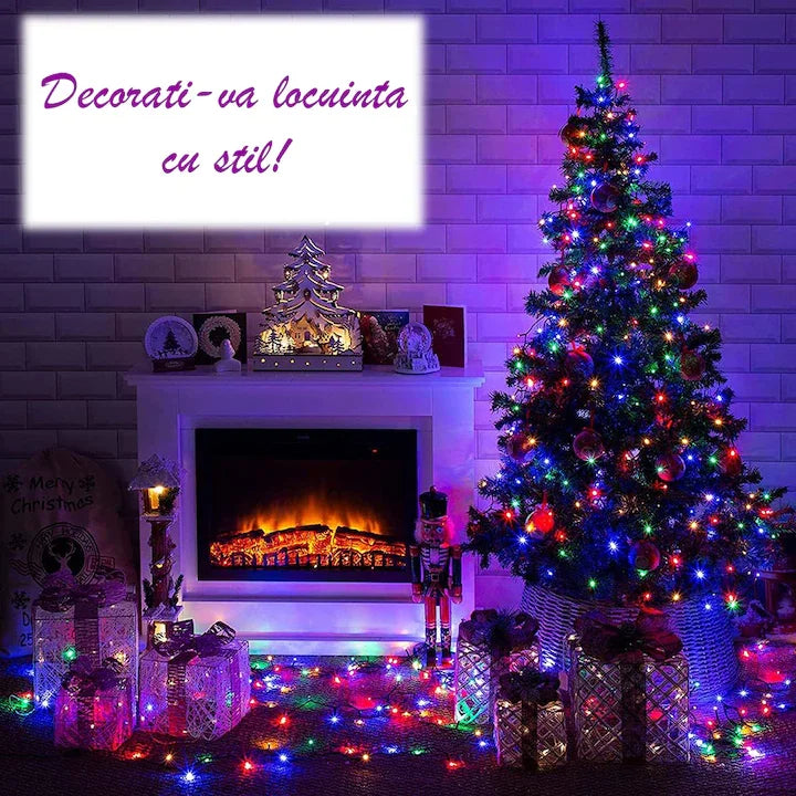 Set Decor Crăciun Premium – Brad Artificial 2.1m cu Zăpadă + Instalație Liniară 100m, 500 LED Multicolor, 8 Jocuri de Lumini