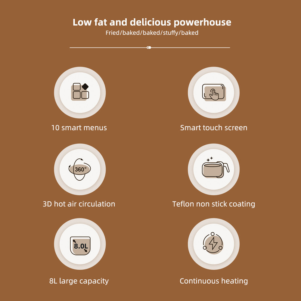 Friteuză cu Aer Cald AT PERFORMANCE® 8L, 10 Programe Smart, 2800W, Panou Tactil, Circulație 3D Aer Fierbinte, Teflon Non-Stick + 100 Bucăți Hârtie de Copt CADOU