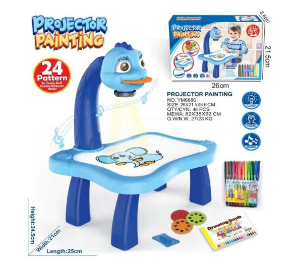 Masa de Desenat Educationala At Performance, Pentru Copii, cu Proiector si Muzica, Set 12 Culori, 24 imagini, Albastra