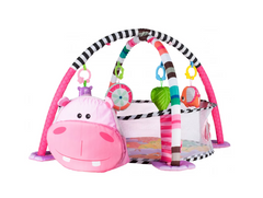 Centru de activitati 3 in 1 si saltea de joaca "Happy Hippo" pentru copii si bebelusi cu 4 jucarii si 30 de bile multicolore