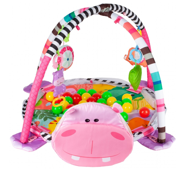 Centru de activitati 3 in 1 si saltea de joaca "Happy Hippo" pentru copii si bebelusi cu 4 jucarii si 30 de bile multicolore