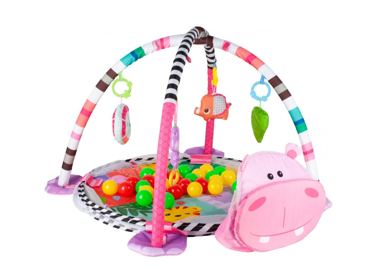 Centru de activitati 3 in 1 si saltea de joaca "Happy Hippo" pentru copii si bebelusi cu 4 jucarii si 30 de bile multicolore