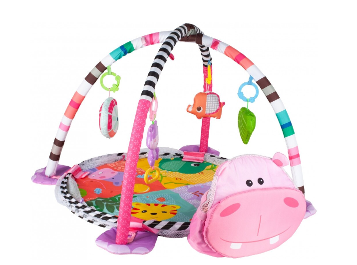 Centru de activitati 3 in 1 si saltea de joaca "Happy Hippo" pentru copii si bebelusi cu 4 jucarii si 30 de bile multicolore