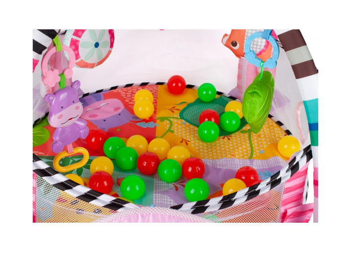 Centru de activitati 3 in 1 si saltea de joaca "Happy Hippo" pentru copii si bebelusi cu 4 jucarii si 30 de bile multicolore