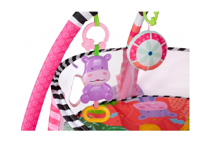 Centru de activitati 3 in 1 si saltea de joaca "Happy Hippo" pentru copii si bebelusi cu 4 jucarii si 30 de bile multicolore