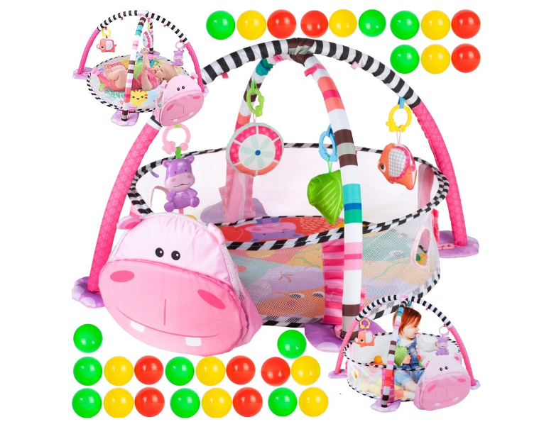 Centru de activitati 3 in 1 si saltea de joaca "Happy Hippo" pentru copii si bebelusi cu 4 jucarii si 30 de bile multicolore