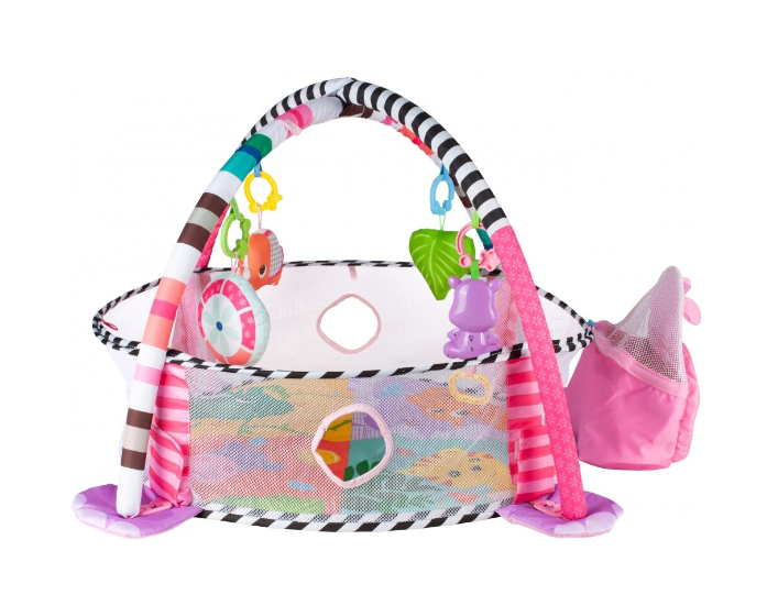 Centru de activitati 3 in 1 si saltea de joaca "Happy Hippo" pentru copii si bebelusi cu 4 jucarii si 30 de bile multicolore