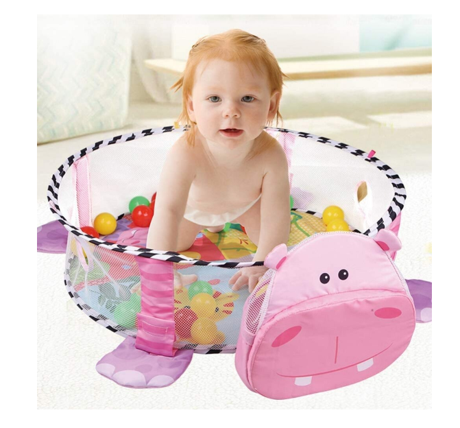 Centru de activitati 3 in 1 si saltea de joaca "Happy Hippo" pentru copii si bebelusi cu 4 jucarii si 30 de bile multicolore
