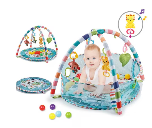 Centru de activitati multifunctional interactiv cu muzica pentru copii si bebelusi, At Performance, 3 in 1 saltea de joaca, 18 bile multicolore