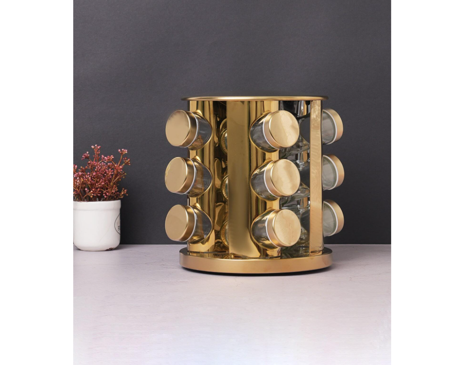 Set 12 recipiente, At Performance, pentru condimente, cu suport inox rotativ, auriu