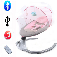 Leagan Electric Multifunctional RDB-6, Bluetooth, Telecomanda, Muzica incorporata si Acoperis rabatabil, Roz, 0-18 luni