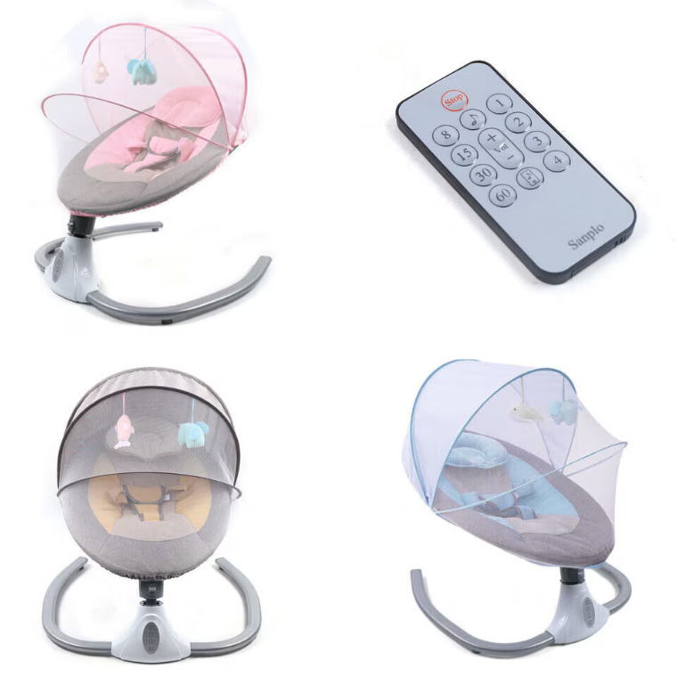 Leagan Electric Multifunctional RDB-6, Bluetooth, Telecomanda, Muzica incorporata si Acoperis rabatabil, Roz, 0-18 luni