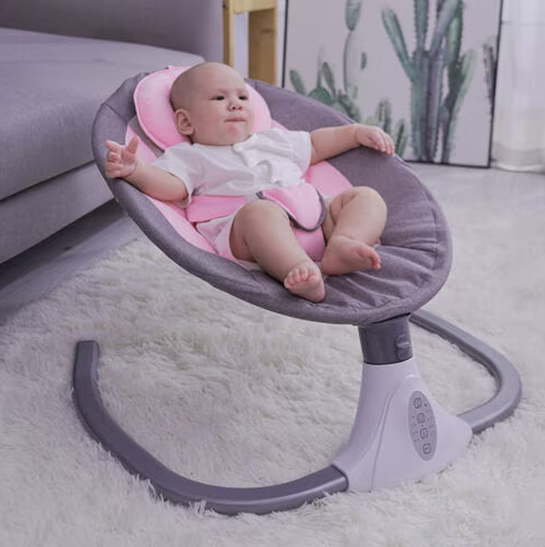 Leagan Electric Multifunctional RDB-6, Bluetooth, Telecomanda, Muzica incorporata si Acoperis rabatabil, Roz, 0-18 luni