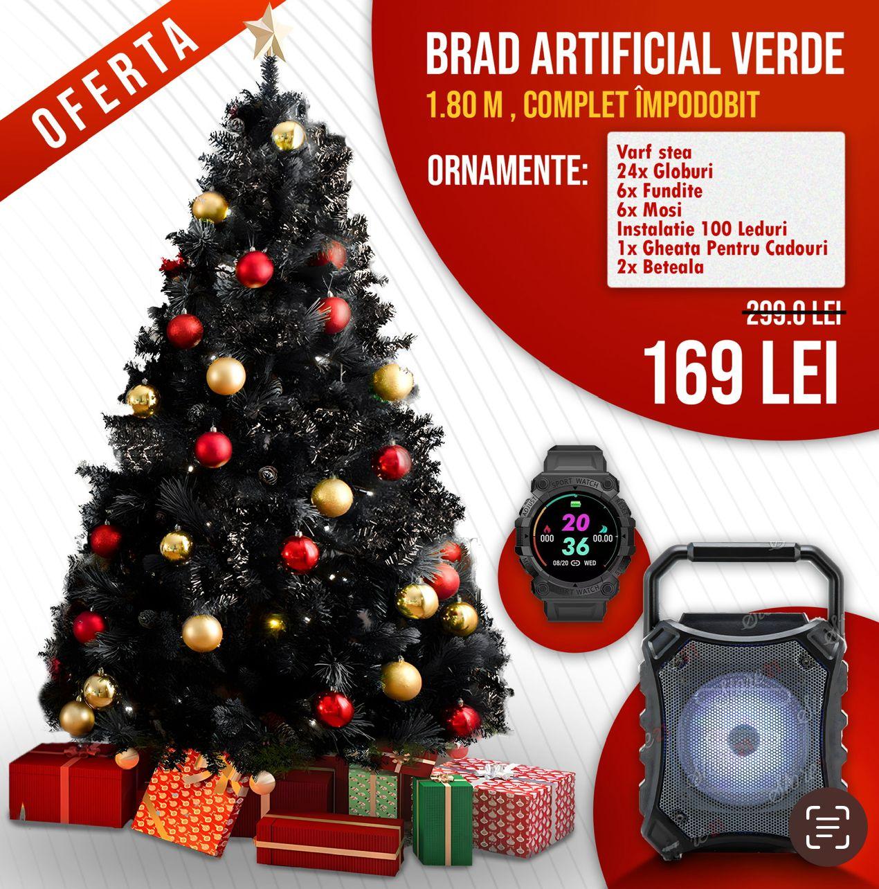PROMOTIE IMBATABILA! Cu Doar 169 Lei In Loc De400Ai:Brad Artificial , 1.80 M, Complet Impodobit.Cu Suport Metalic+boxa și ceas smart cadou!!
