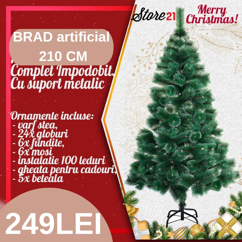 PROMOTIE IMBATABILA! Cu Doar 249Lei In Loc De499 Ai:Brad Artificial Pin , 2.10M, Complet Impodobit.Cu Suport Metalic