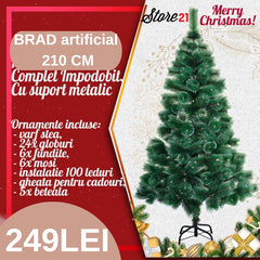 PROMOTIE IMBATABILA! Cu Doar 249Lei In Loc De499 Ai:Brad Artificial Pin , 2.10M, Complet Impodobit.Cu Suport Metalic