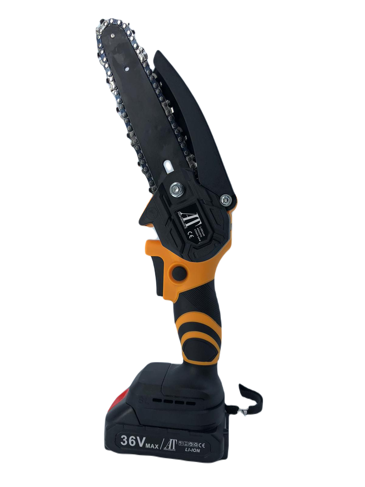 Fierastrau mini cu lant, AT PERFORMANCE®, 2 lanturi, 2 Baterii, 36V, Iluminare LED, Negru/Galben.