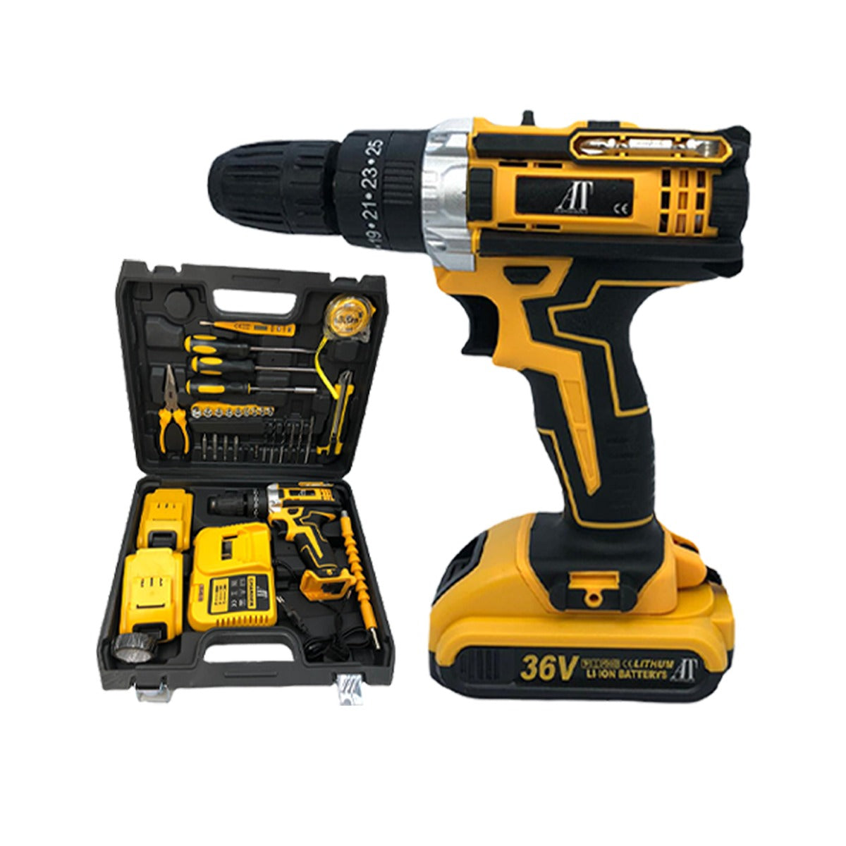 PACHET PROMOTIONAL | Trusa Bormasina, AT PERFORMANCE®, 36V cu 2X Acumulator si Incarcator + Set 3 Perii Rotative de Curatat Suprafete, Covoare