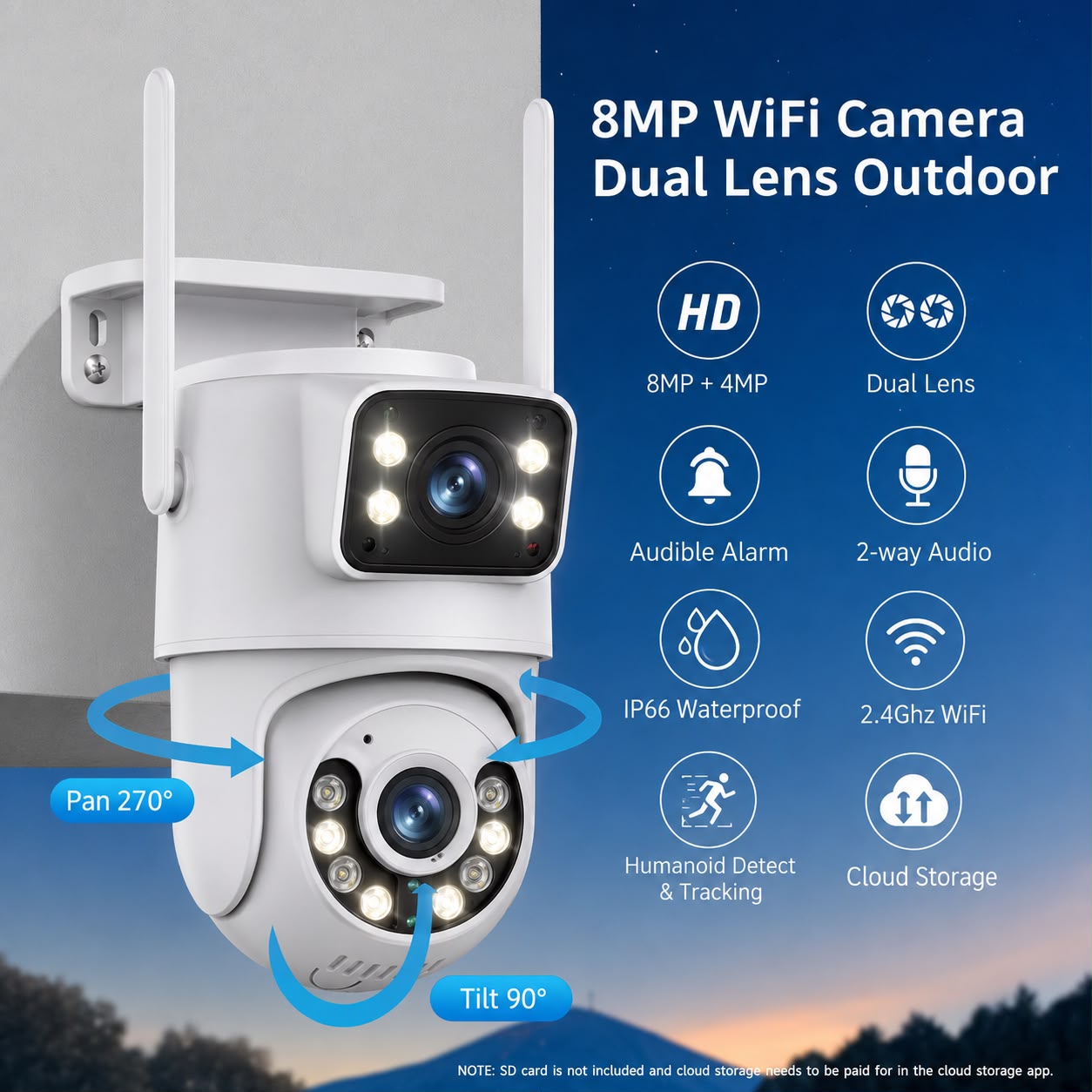 Cameră de Supraveghere IP WiFi HNY 6MP 4K, Rotire 355°, Detectare Umană, Recunoaștere Facială, IP66, Card 32GB Inclus