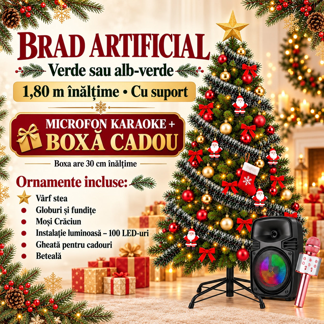Brad artificial, 1.80 m, complet impodobit plus microfon karaoke si boxa cadou