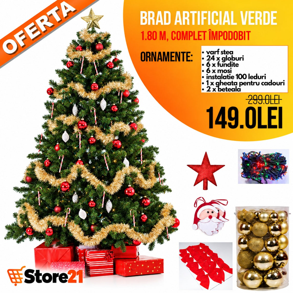 Brad artificial, 1.80 m, complet impodobit.