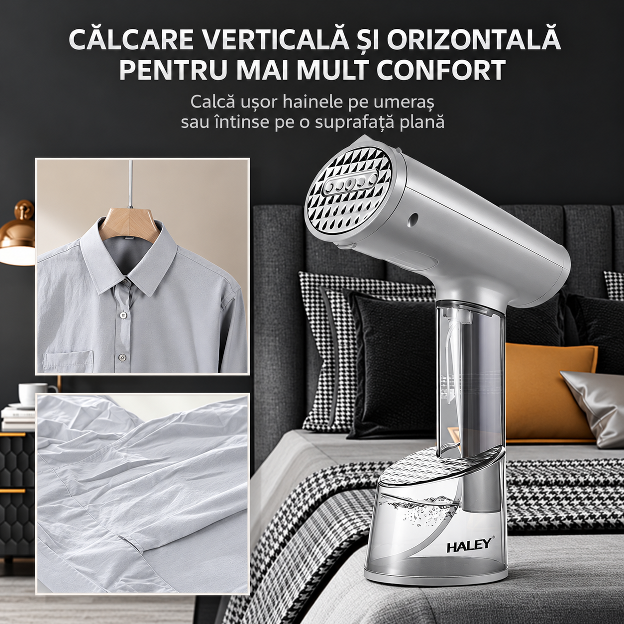 Aparat de Călcat Vertical și Orizontal cu Aburi HALEY HY-333, 1500W, Încălzire Rapidă în 20 Secunde, Debit Abur 20–25 g/min, 2 Rezervoare de Apă 70/300 ml, Protecție la Supraîncălzire, Perie Inclusă