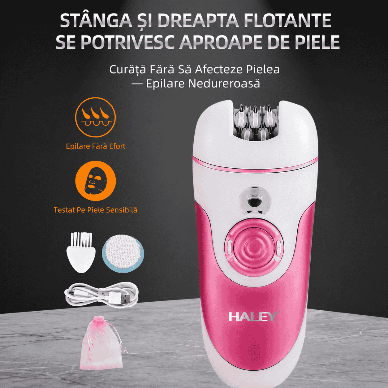 Epilator Reîncărcabil Pentru Femei Haley HY-6503, Set 4 În 1, 4 Capete, 2 Viteze, Wet & Dry, Accesorii Incluse