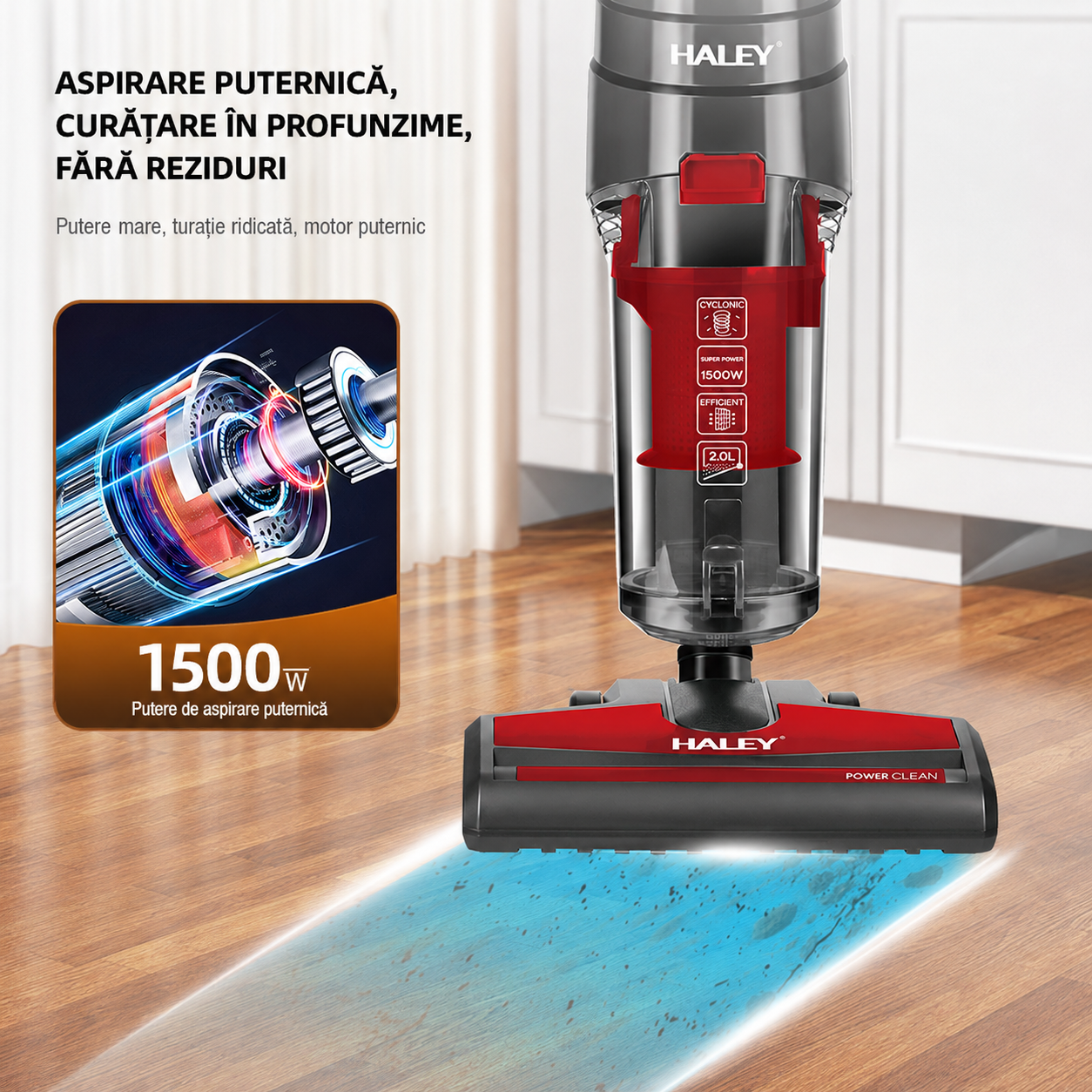 Aspirator Vertical Fără Sac HALEY HY-1921, 1500W, Tehnologie Cyclone, Filtru HEPA, Recipient 2L, Cablu 3,8 m