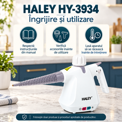 Aparat de Curățat cu Abur HALEY® HY-3934, Multifuncțional 10 în 1, 1000W, Presiune 3 Bar 300 kPa, Rezervor 350 ml, Abur Fierbinte peste 100°C, Curățare, Degresare și Igienizare Fără Substanțe Chimice
