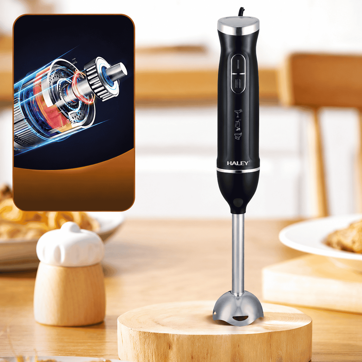 Blender Vertical De Mână Haley HY-1131, 1500W, 2 Viteze, Funcție Pulse, Lame Și Tijă Din Oțel Inoxidabil