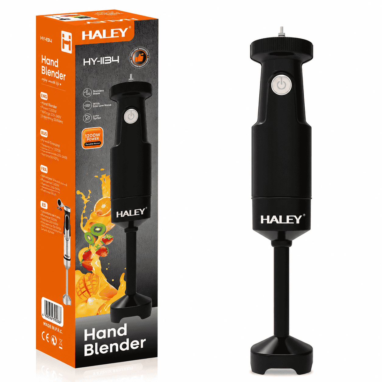 Blender Vertical HALEY HY-1134, 1200W, Lamă Din Oțel Inoxidabil, Protecție Anti-Stropire, Operare Cu O Singură Mână