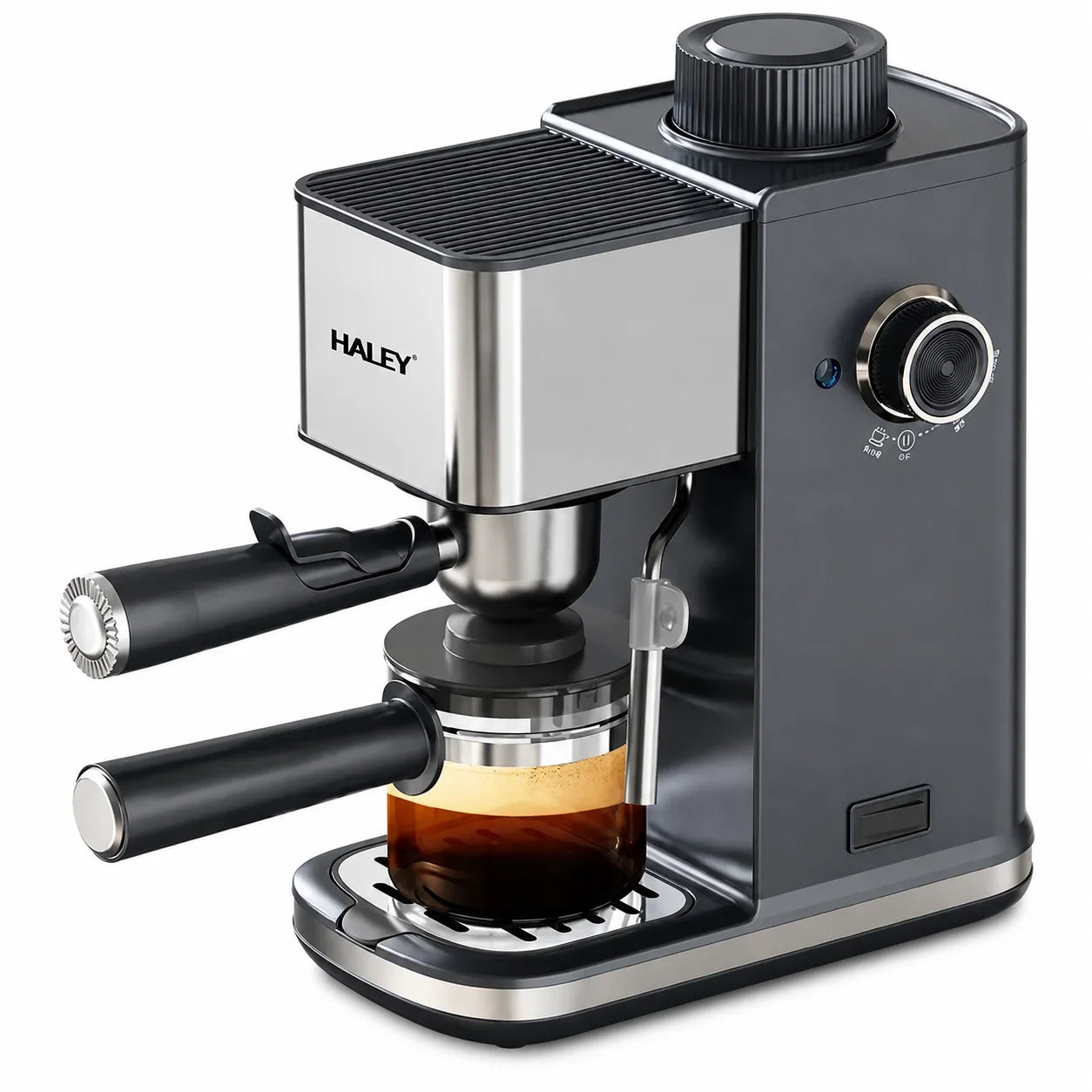 Espressor de Cafea HALEY HY-2822, 1500W, 5 Bar, Rezervor 350 ml, Sistem Spumare Lapte, Filtru Inox, Carafă din Sticlă Borosilicată