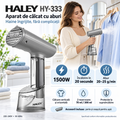 Aparat de Călcat Vertical și Orizontal cu Aburi HALEY HY-333, 1500W, Încălzire Rapidă în 20 Secunde, Debit Abur 20–25 g/min, 2 Rezervoare de Apă 70/300 ml, Protecție la Supraîncălzire, Perie Inclusă
