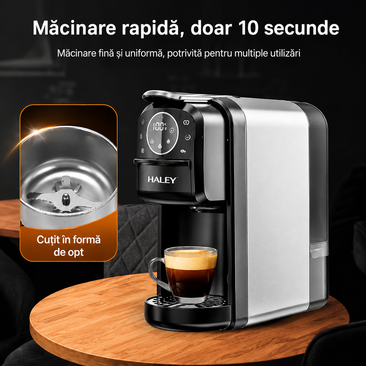 Espressor Cu Capsule HALEY HY-2833 4 În 1, 20 Bari, 1400W, Rezervor 700 ml, Control Tactil, Temperatură Reglabilă
