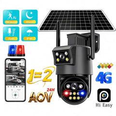 Cameră de Supraveghere Solară 4G AOV cu 2 Obiective, Monitorizare Video Continuă 24H, IP66, Acumulator Integrat, Panou Solar, Card TF și Cloud, Alarmă cu Notificări